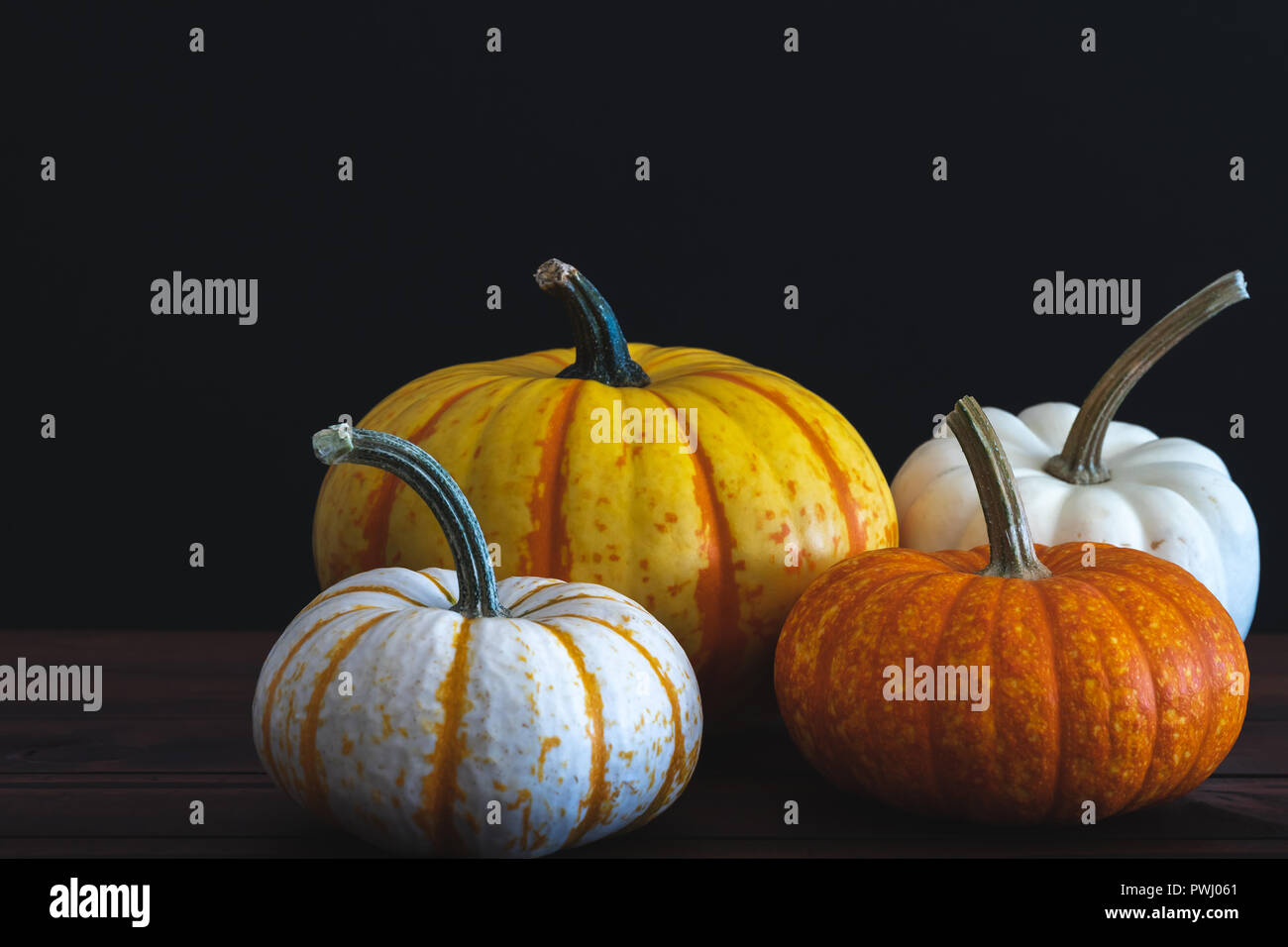 Multiple pumpkins on brown table with black background for copy space of holiday messaging. Stock Photo