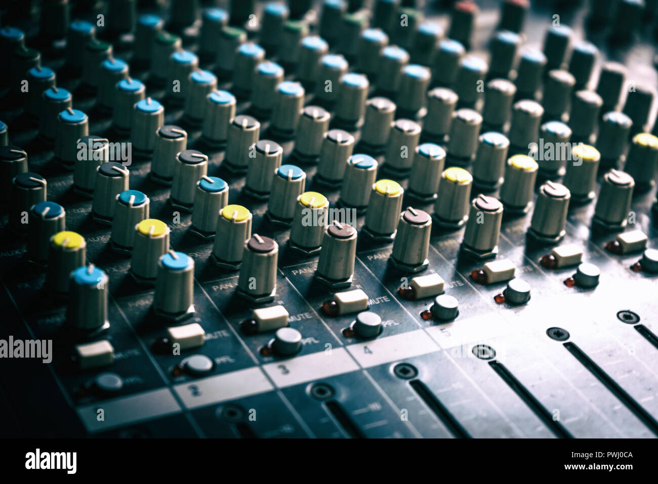 Close up of sound mixing board equipment. Stock Photo