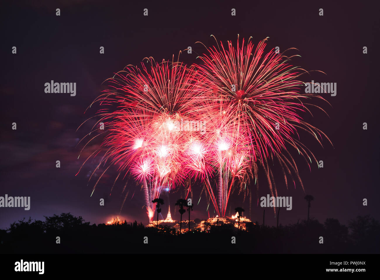 Fireworks show at  Phranakorn Khiri palace for celebration, Phetchaburi, Thailand Stock Photo