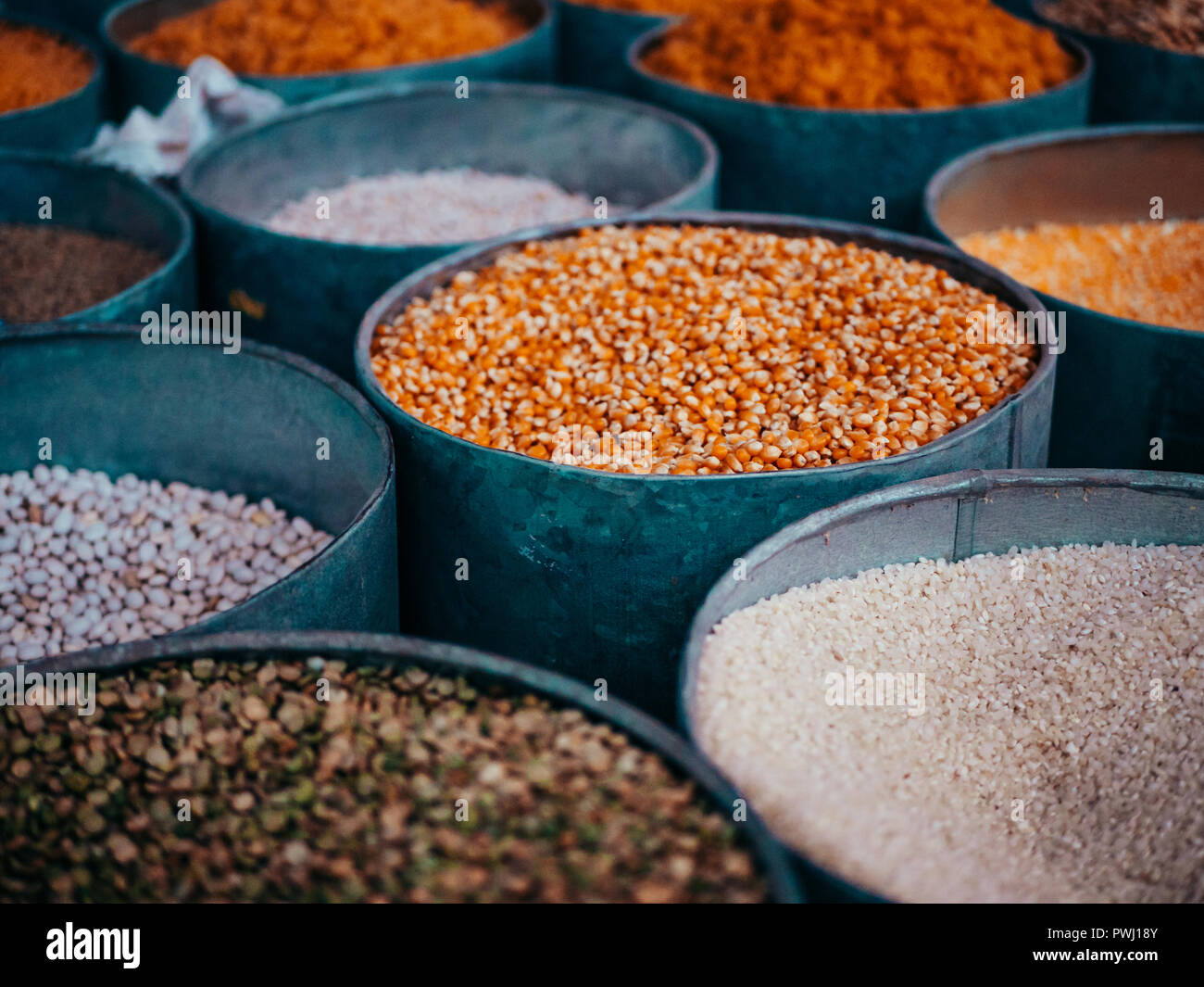Moroccan food shop on a Market with corn, rice, peas and other grain Stock Photo