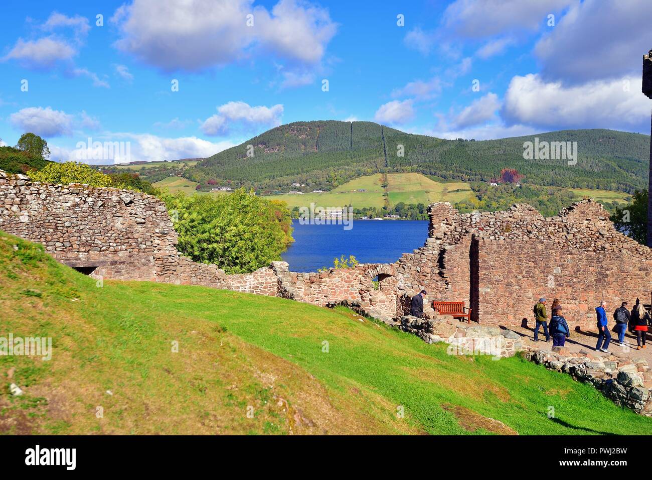 Drumnadrochit, Highlands, Scotland, United Kingdom. Urquhart Castle on the shore of Loch Ness. Stock Photo
