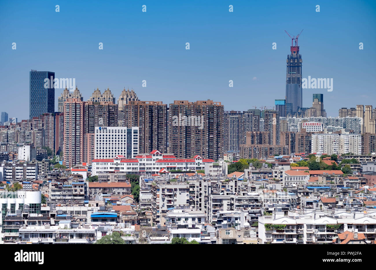 Wuhan China - September 08 2018 : Aerial view Landscape of wuhan city view from the yellow crane tower. this here is one of famous for tourist. Stock Photo