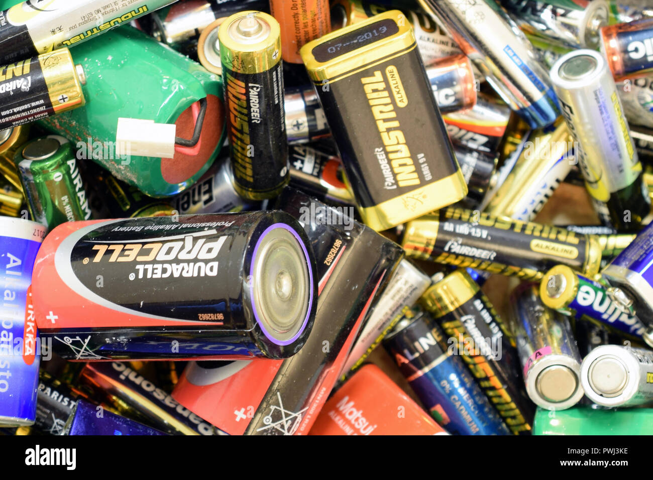 TURKU, FINLAND - September 19, 2018: Close up of many used batteries Stock Photo