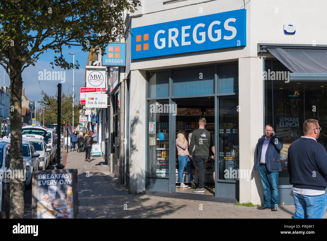 Greggs bakers shop front in Worthing, West Sussex, England, UK. Greggs baker store. Stock Photo