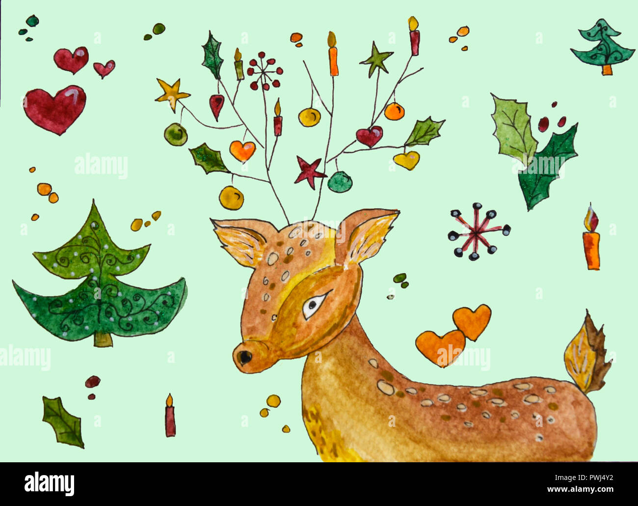 Vintage Christmas card with deer at watercolor Stock Photo - Alamy