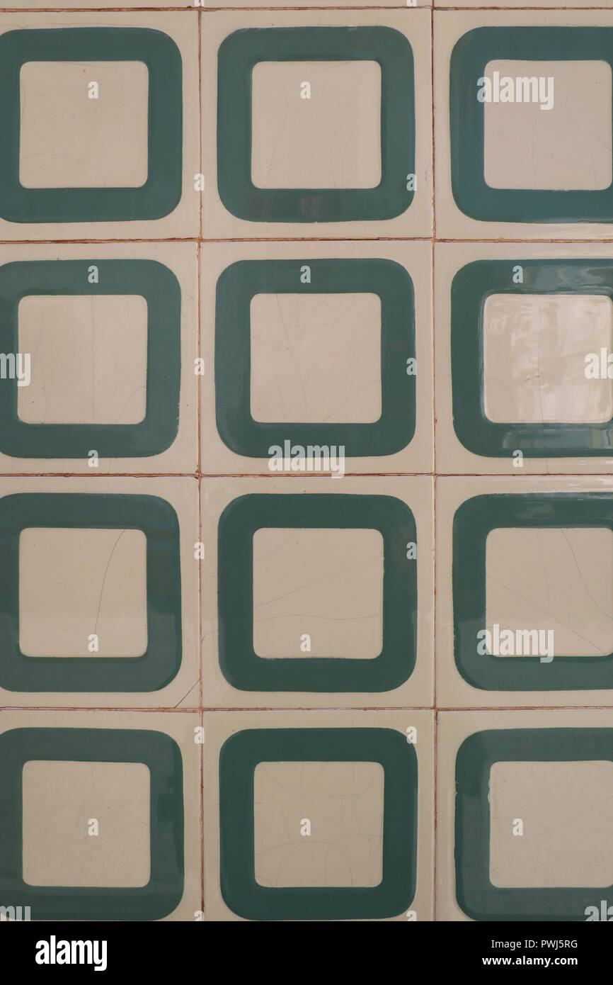 A collection of 1970’s inspired retro tiles on a house in Figueira da Foz, Central Portugal Stock Photo