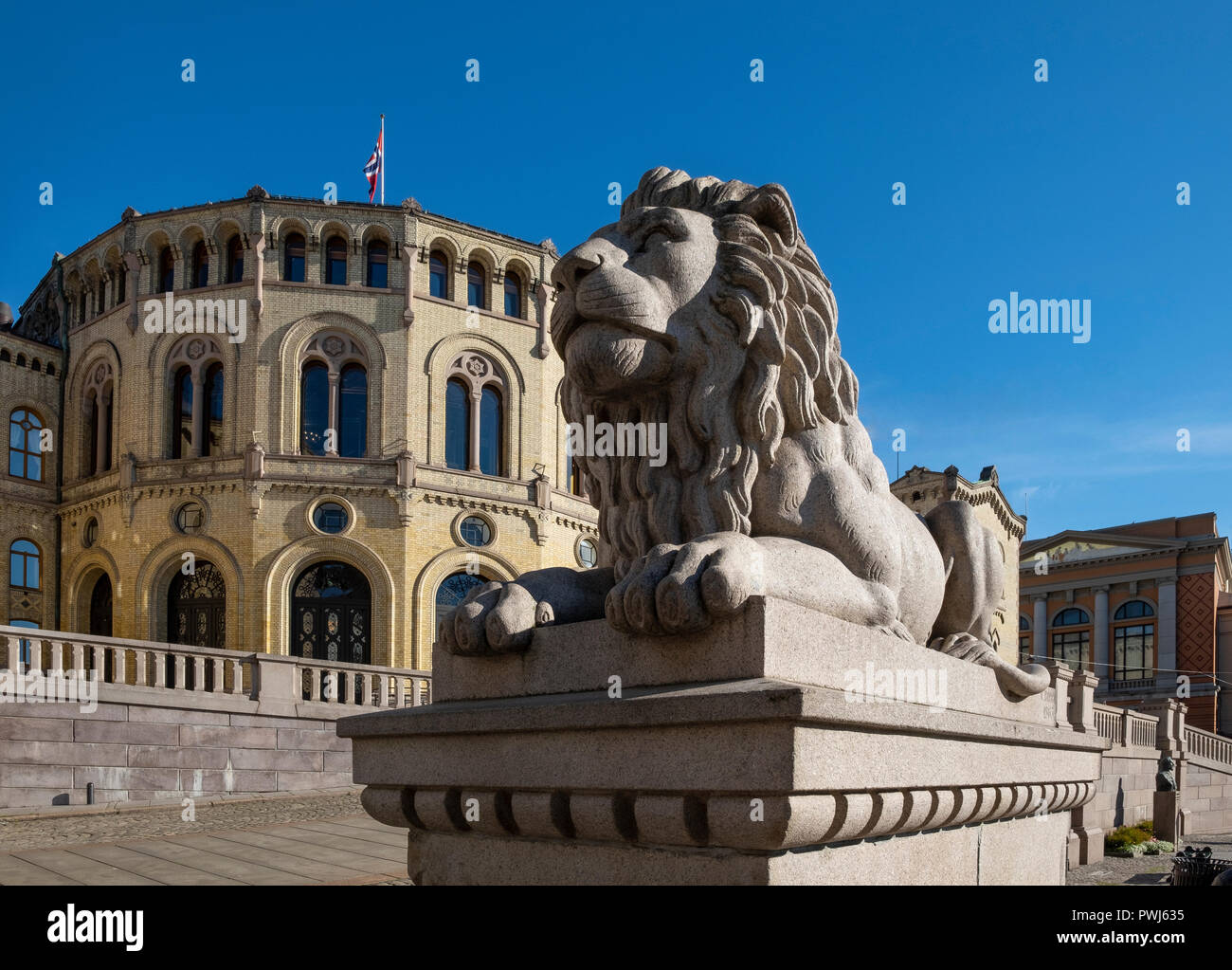 One of the lions guarding the Norwegian Parlament.Stortinget. Entrance to the parlament Stock Photo