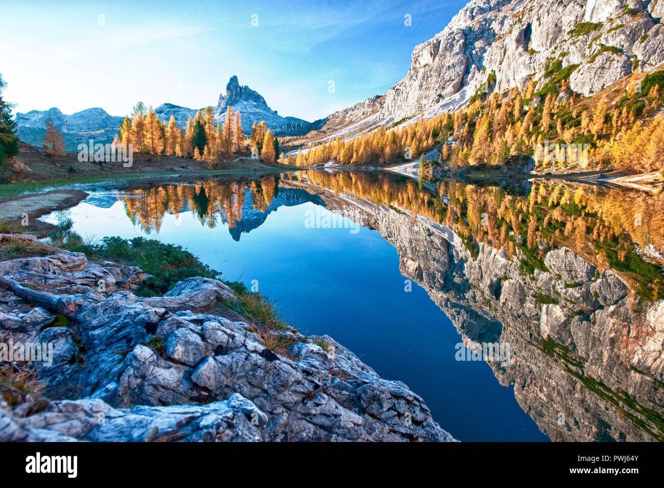 Reflection of the Becco di Mezzodi in Lake Federa, Dolomites of Belluno, Trentino Alto Adige, Italy Stock Photo