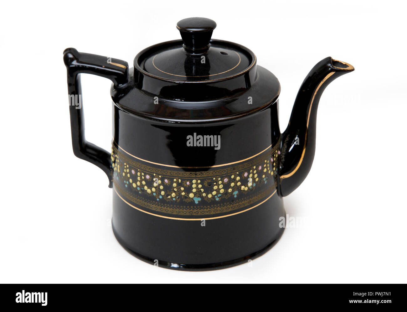 Crafts, mid Victoria, ceramic teapot with slip trailed spot decoration, black glazed ceramics Stock Photo