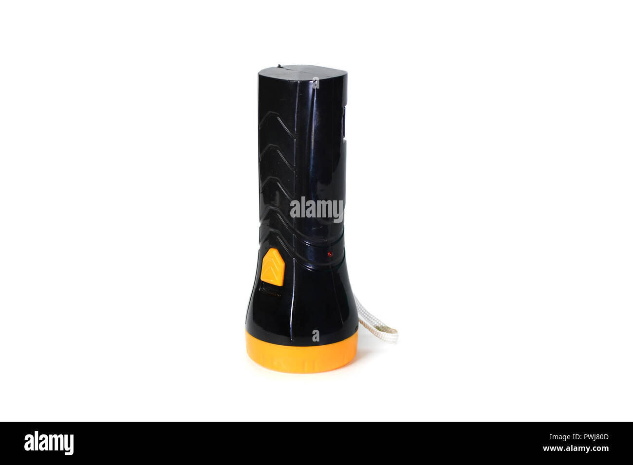 Electric led pocket flashlight with blue and yellow colors. Stock Photo