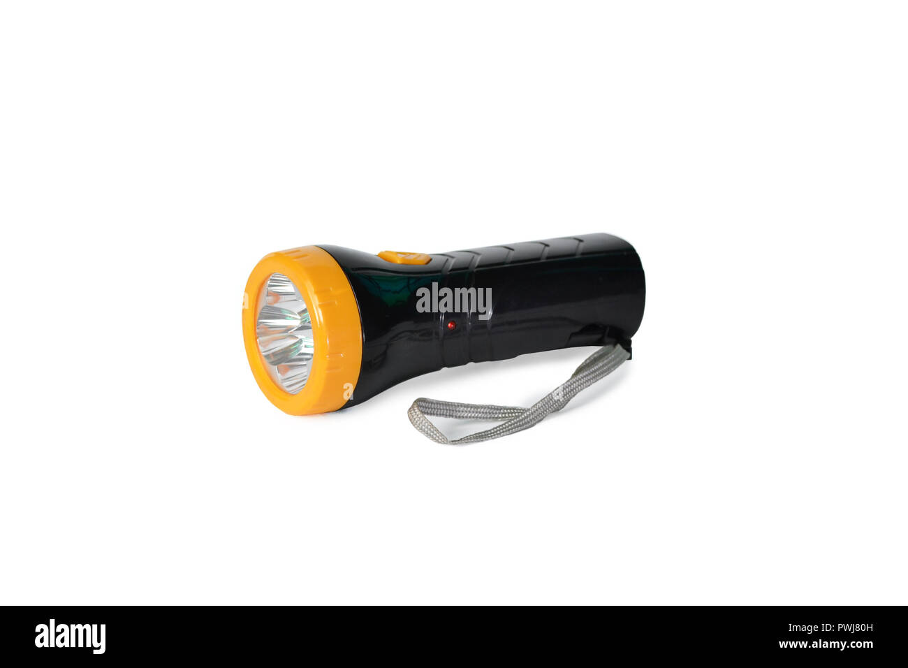Electric led pocket flashlight with black and yellow colors. Stock Photo