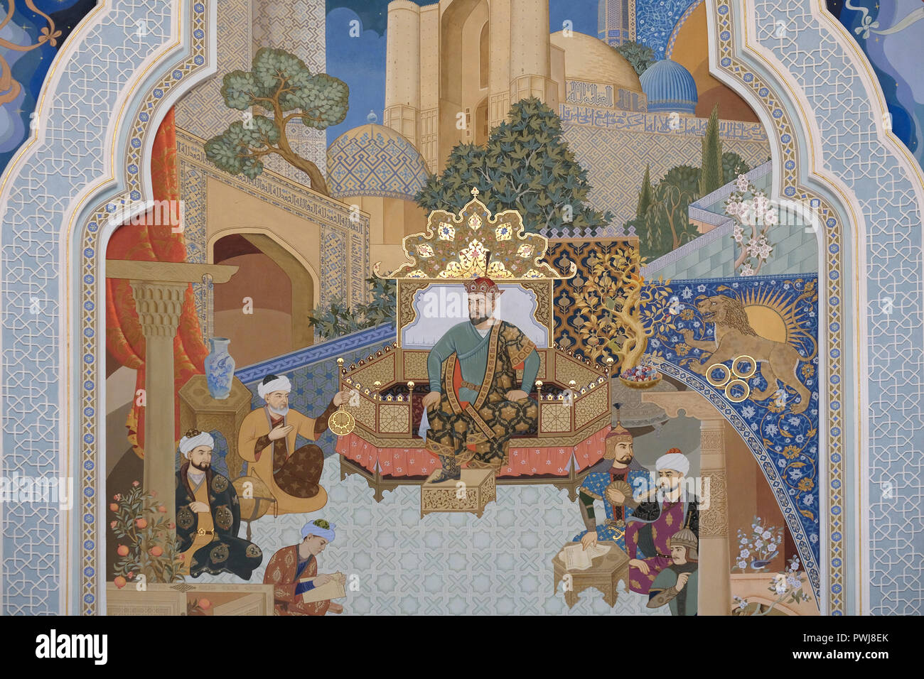 A painted panel showing different scenes of Mongol warlord Amir Timur (Tamerlane) inside Amir Timur Museum in Tashkent, capital of Uzbekistan Stock Photo