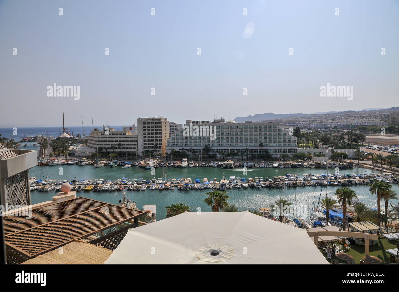 Israel, Eilat Beach, hotel strip. Hotels in the background Stock Photo