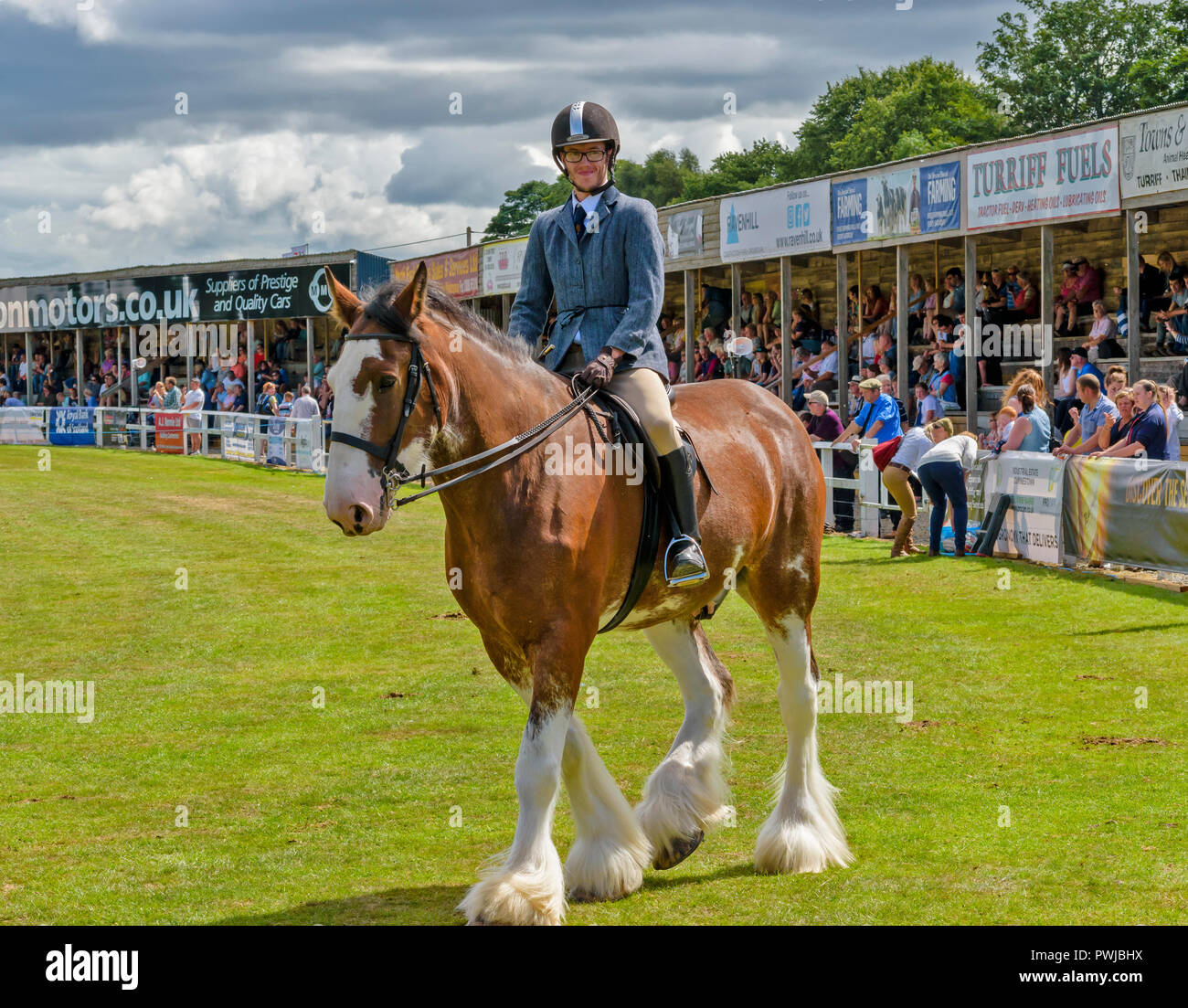 TURRIFF SHOW ABERDEENSHIRE SCOTLAND A CLYDESDALE HORSE AND RIDER SPECTATORS IN THE STANDS Stock