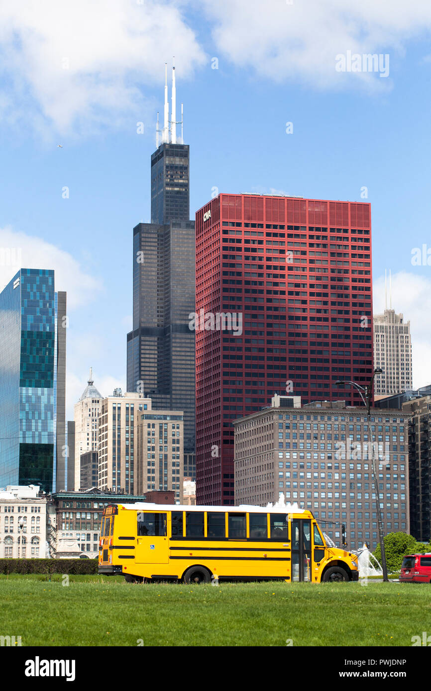Willis Tower (formely Sears Tower), CNA Center and other Chicago Landmarks. Picture taken from Michigan lake front. Stock Photo