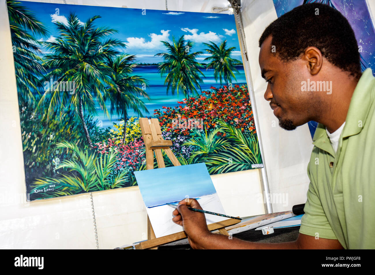 Miami Florida,Coral Gables,University of Miami,Beaux Arts Festival of Art,juried show,community Dion Lewis,artist,acrylic impasto,Caribbean landscape, Stock Photo