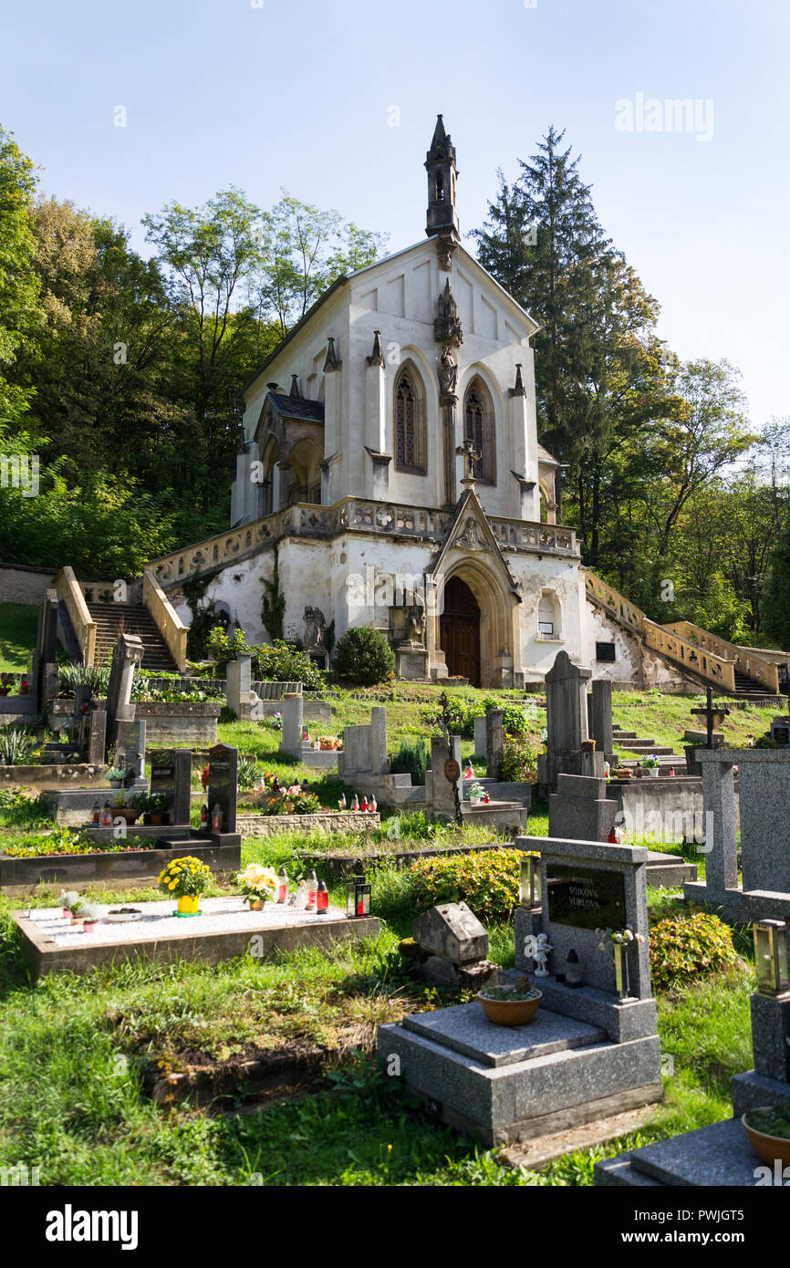 Saint Maximilian Chapel on cemetery in Saint John under the Cliff, Svaty Jan pod Skalou, Czech Republic, sunny summer day Stock Photo
