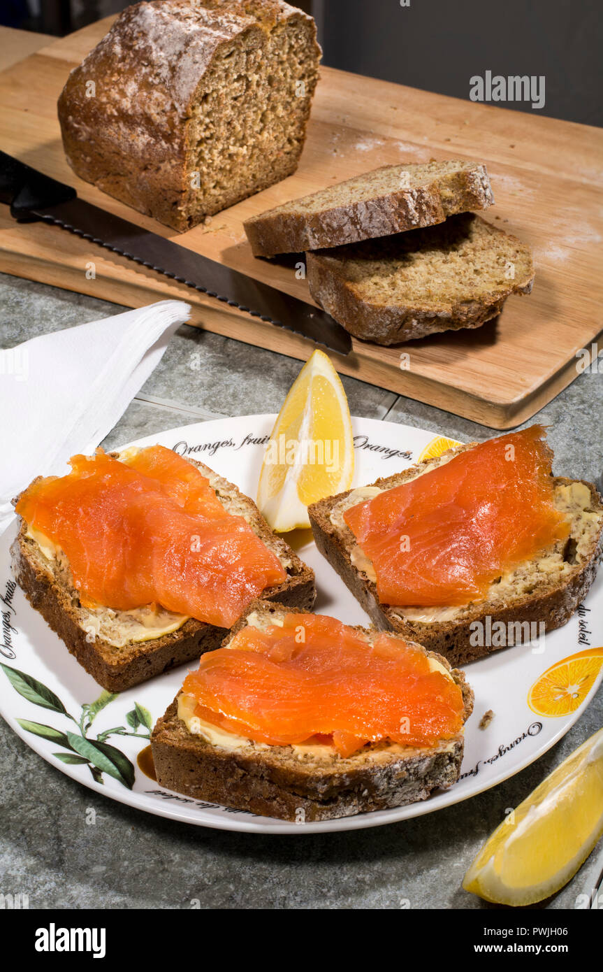 Irish smoked salmon on Irish brown bread Stock Photo