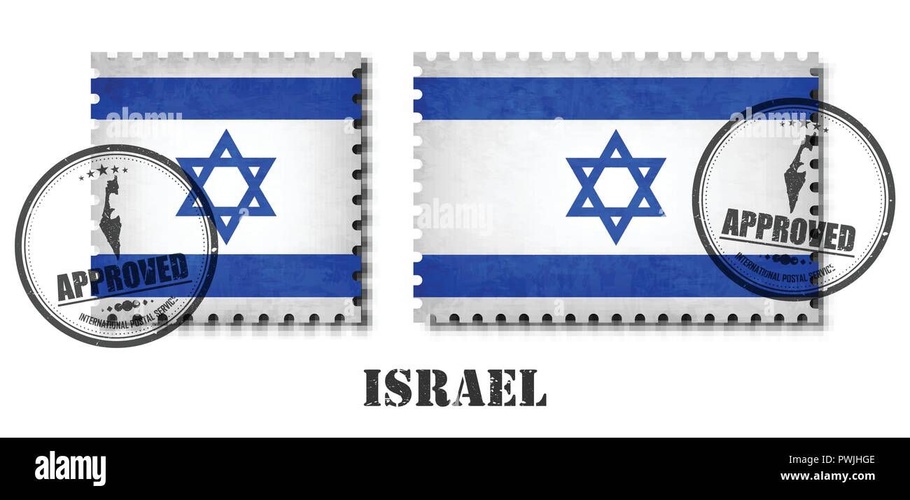Israel flag pattern postage stamp with grunge old scratch texture and affix a seal on isolated background . Black color country name with abrasion . S Stock Vector