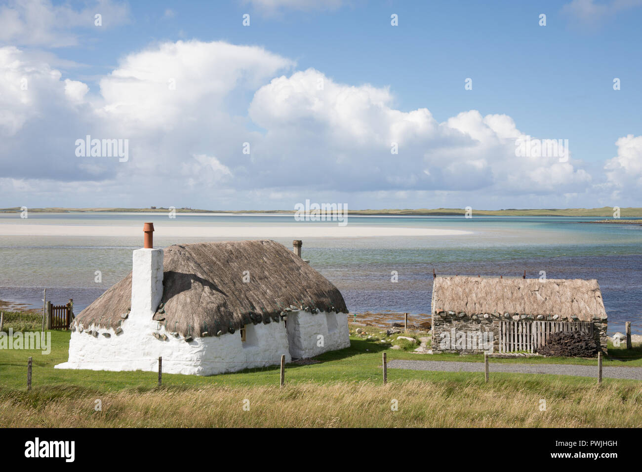 Traditional thatched croft, Malacleit, North Uist, Outer Hebrides, Scotland, UK Stock Photo