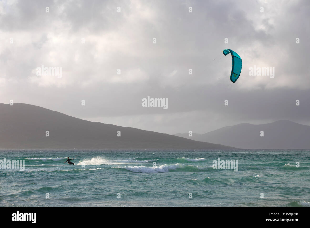 Kite Surfing on Seilebost Beach, Harris, Outer Hebrides, UK Stock Photo