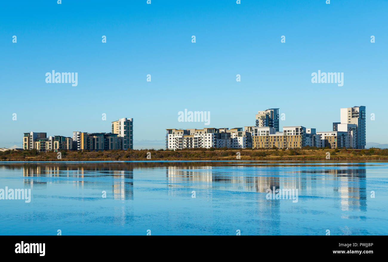 View of modern apartment buildings at Western Harbour housing development in Leith, Scotland, UK Stock Photo