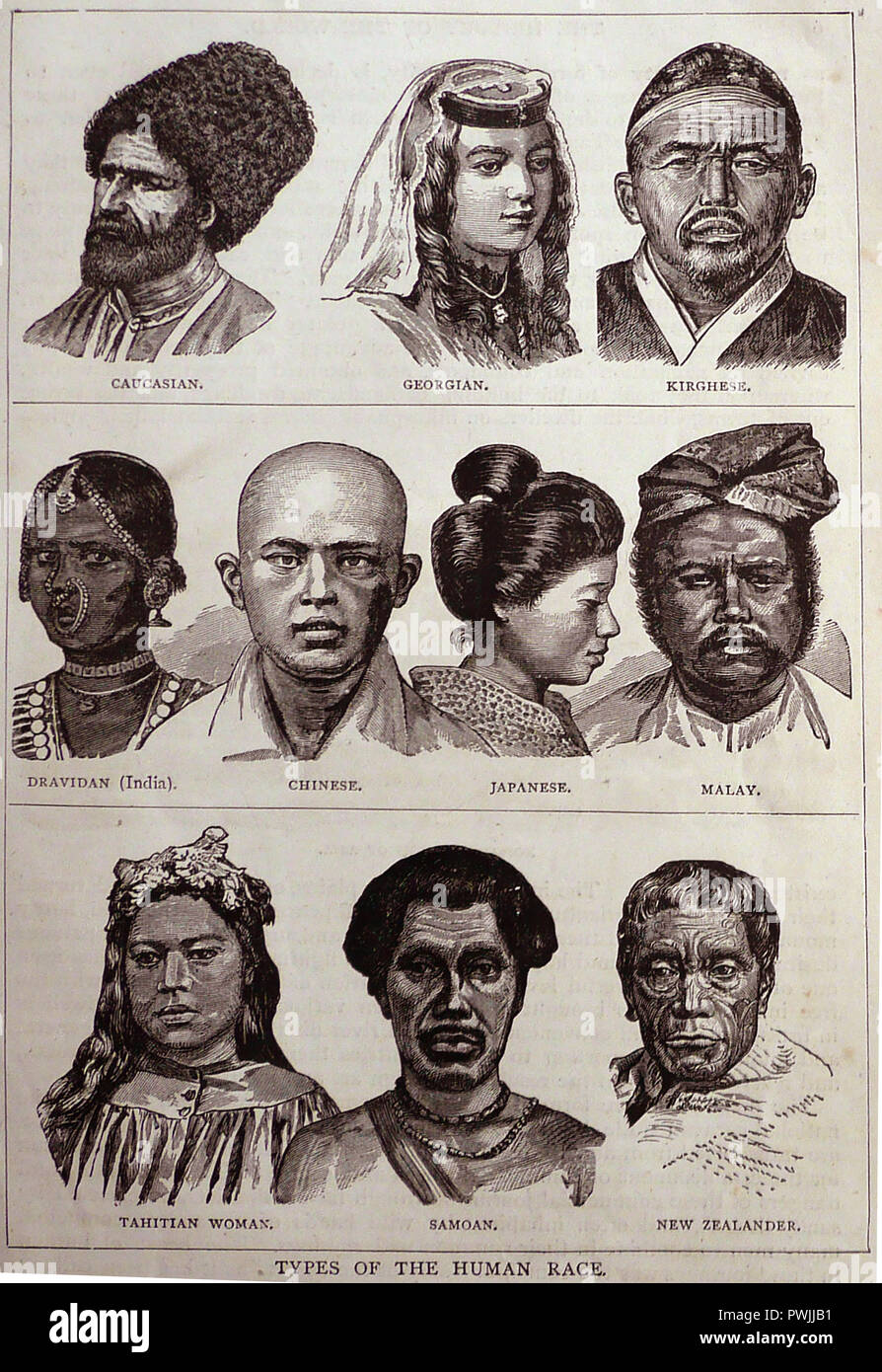 Facial features of the racial types of the human race, from Harmsworth Illustrated History of the World Circa, 1908 Stock Photo