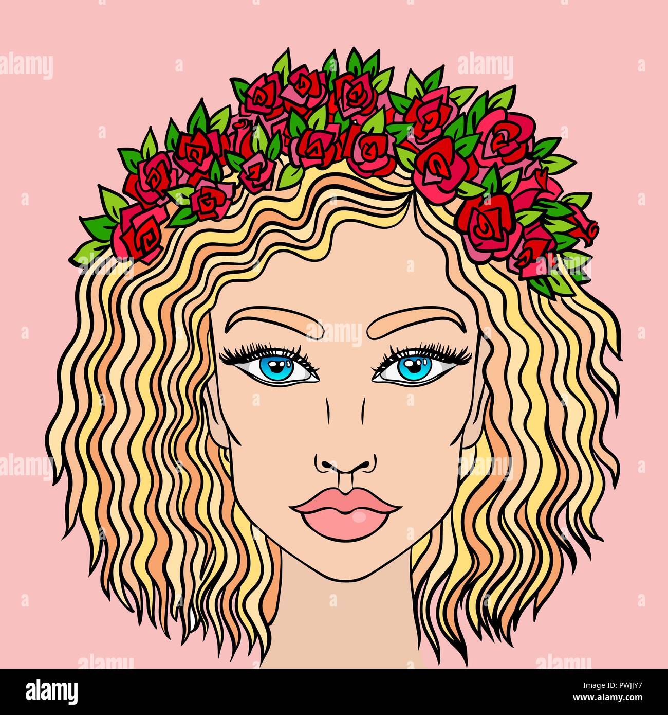 Doodle girls face. Womens portrait with wreath of roses. Vector illustration. Stock Vector