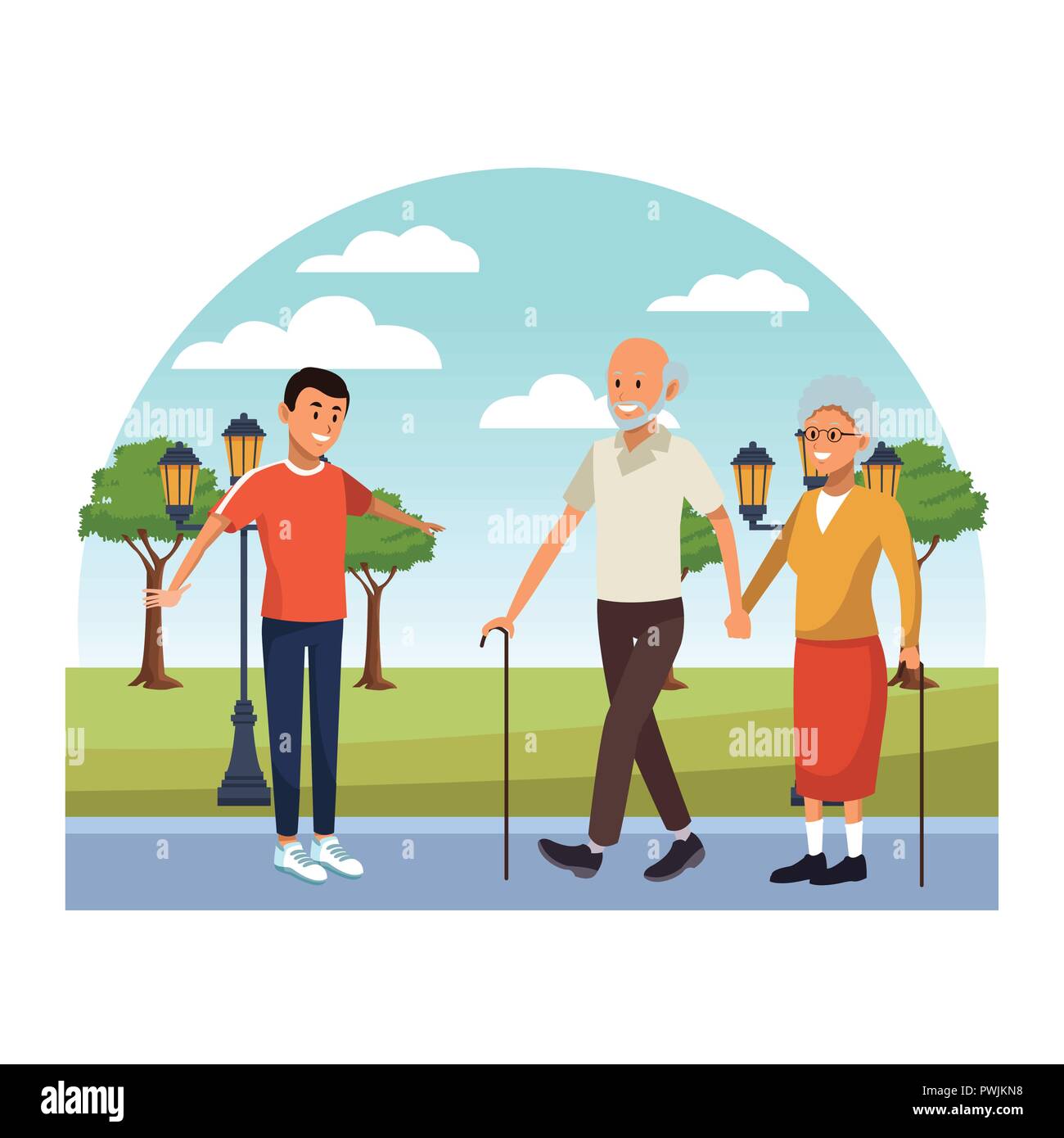 young person giving support and helping the elderly cartoon vector illustration graphic design Stock Vector