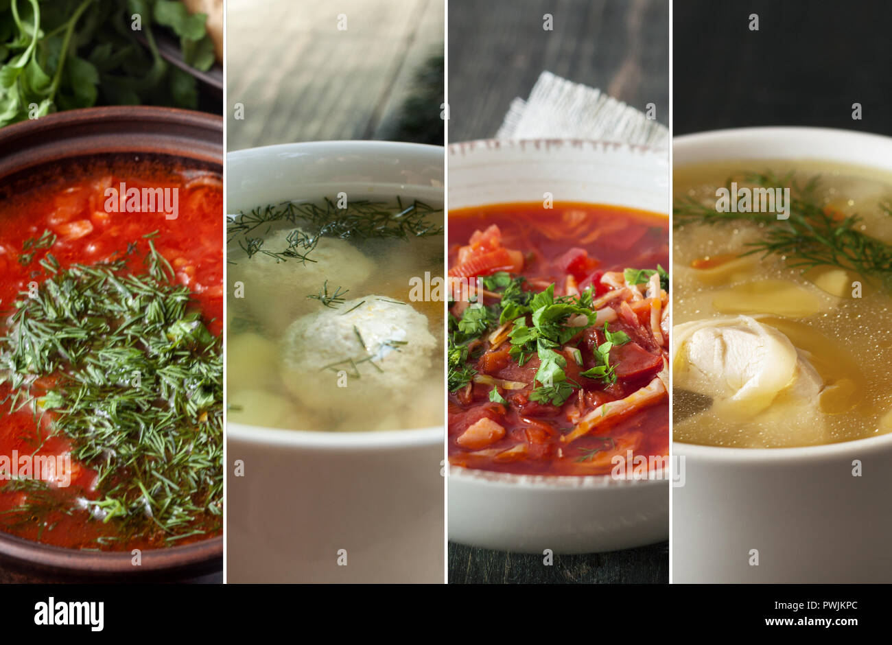 Set with different delicious beet soups. Cooking recipes Stock Photo