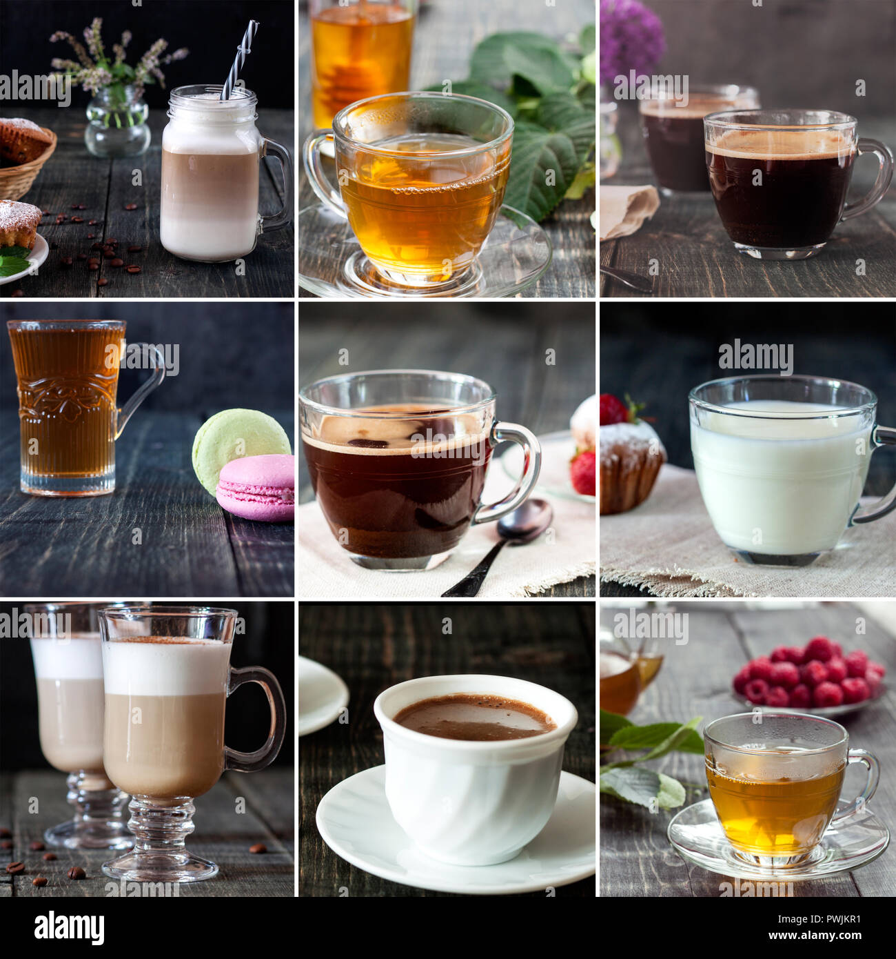 Collage of hot drinks. Recipes of various tasty and fragrant drinks Stock Photo