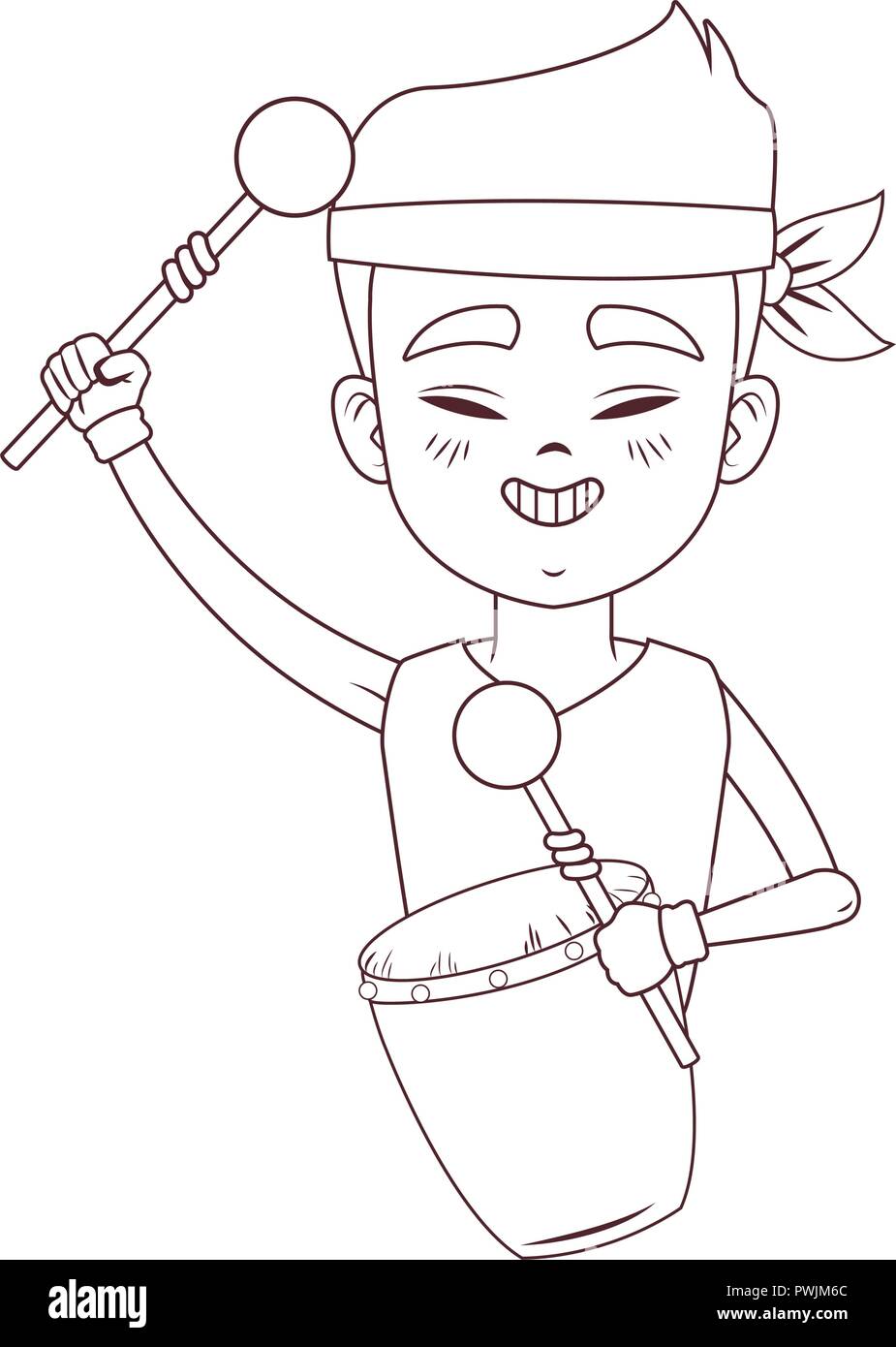 Asian man with drum and sticks black and white vector illustration ...