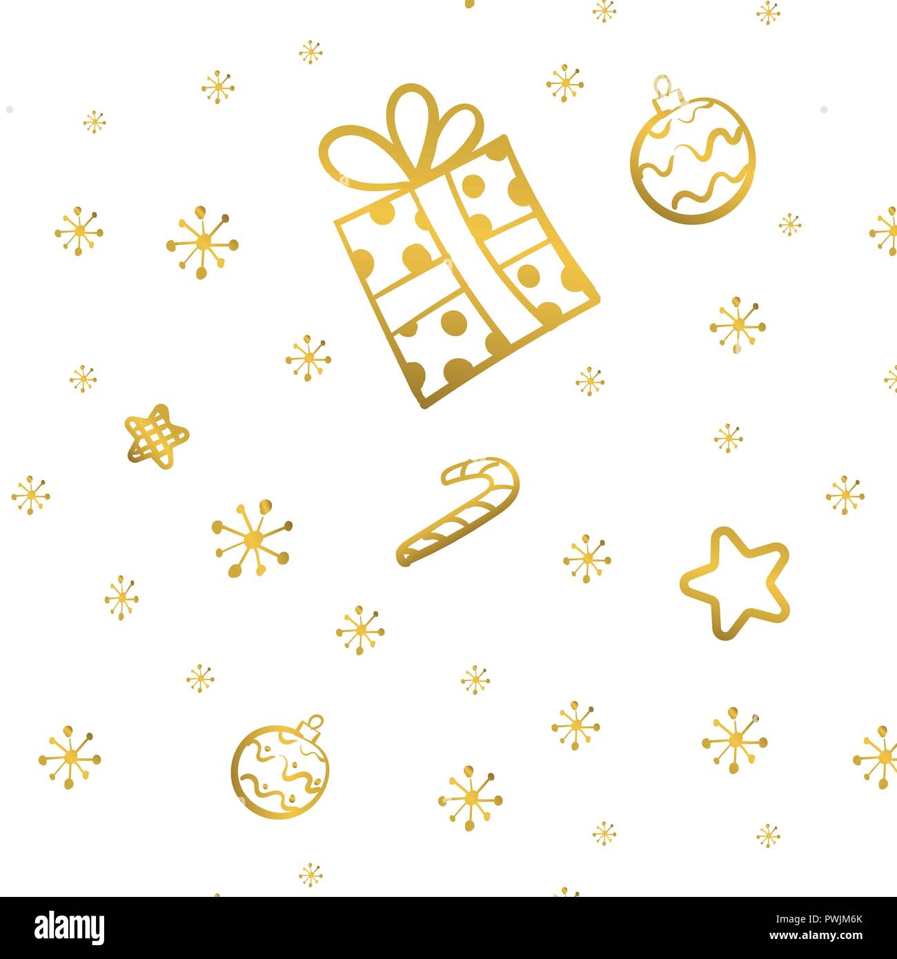 Christmas gold seamless pattern with gift, stars and candy Hand drawn ...