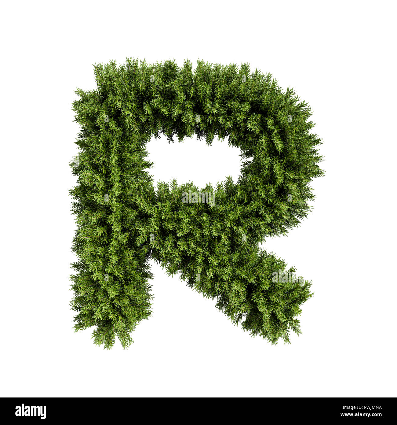 Christmas alphabet ABC character letter R font. Christmas tree branches capital letters decoration type. Highly realistic 3d rendering illustration. T Stock Photo