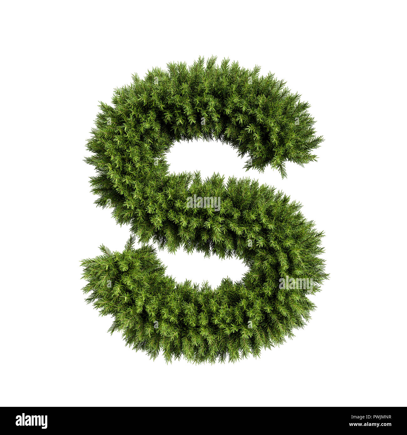 Christmas alphabet ABC character letter S font. Christmas tree branches capital letters decoration type. Highly realistic 3d rendering illustration. T Stock Photo