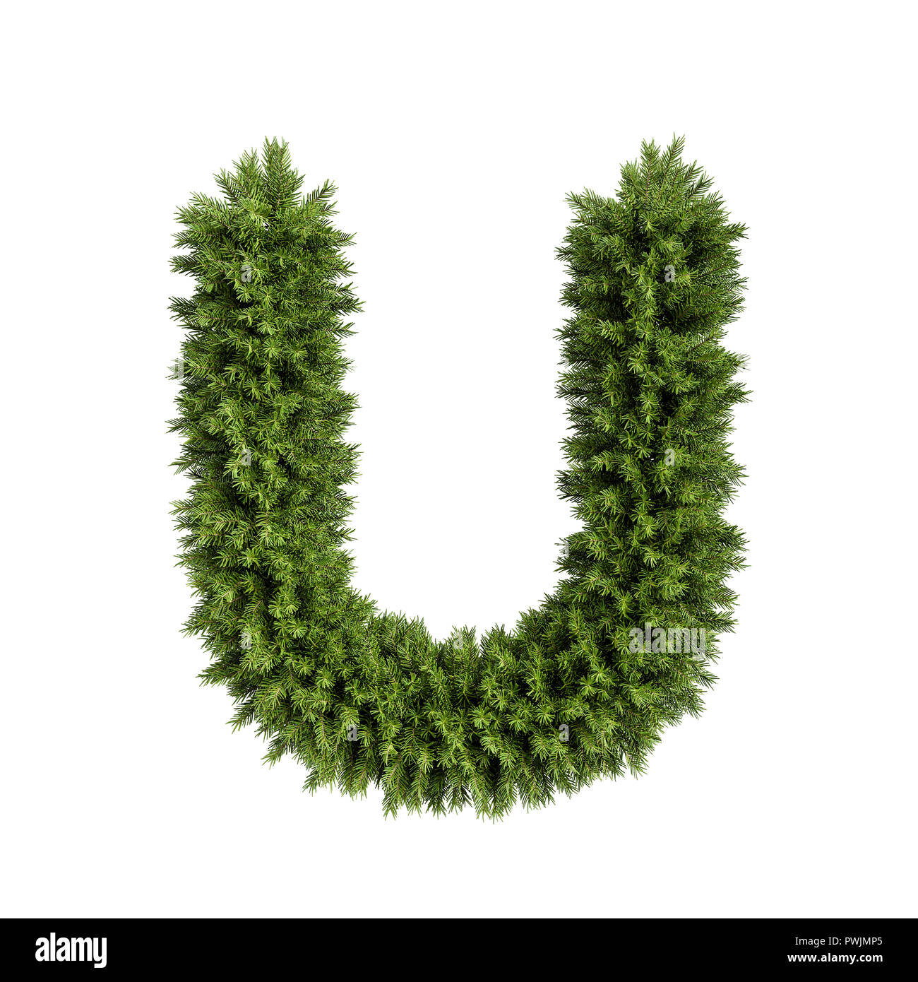 Christmas alphabet ABC character letter U font. Christmas tree branches capital letters decoration type. Highly realistic 3d rendering illustration. T Stock Photo