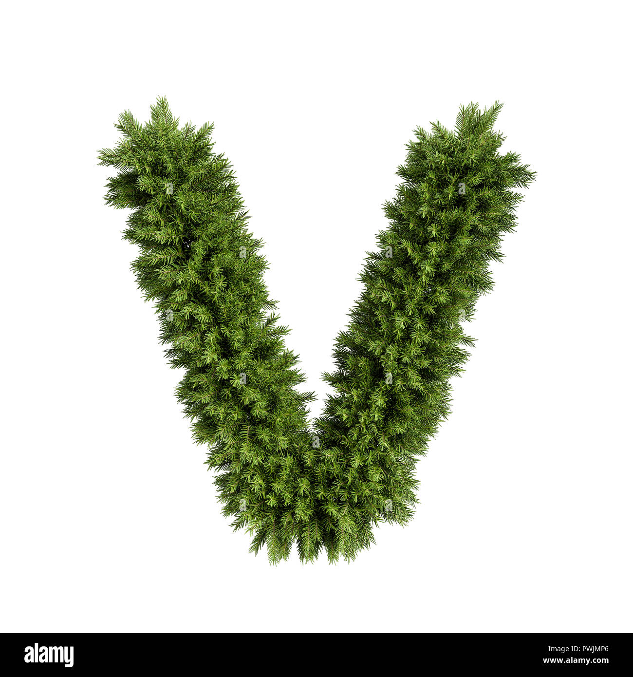 Christmas alphabet ABC character letter V font. Christmas tree branches capital letters decoration type. Highly realistic 3d rendering illustration. T Stock Photo