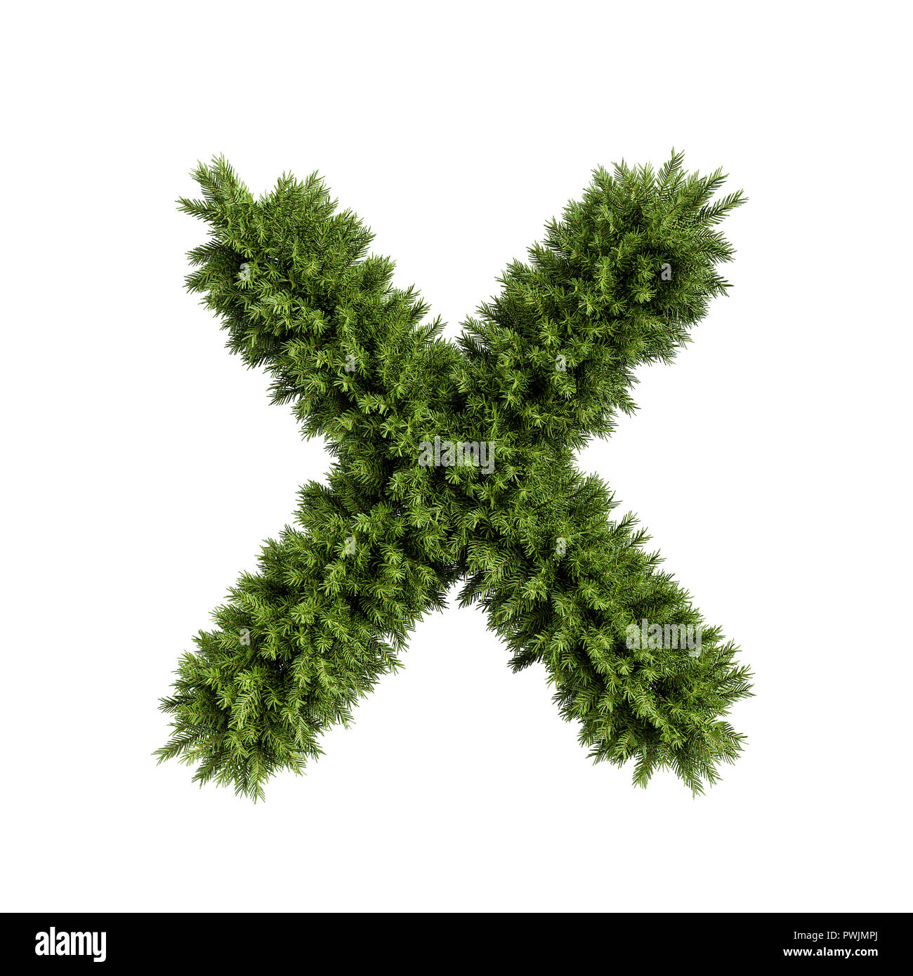 Christmas alphabet ABC character letter X font. Christmas tree branches capital letters decoration type. Highly realistic 3d rendering illustration. T Stock Photo
