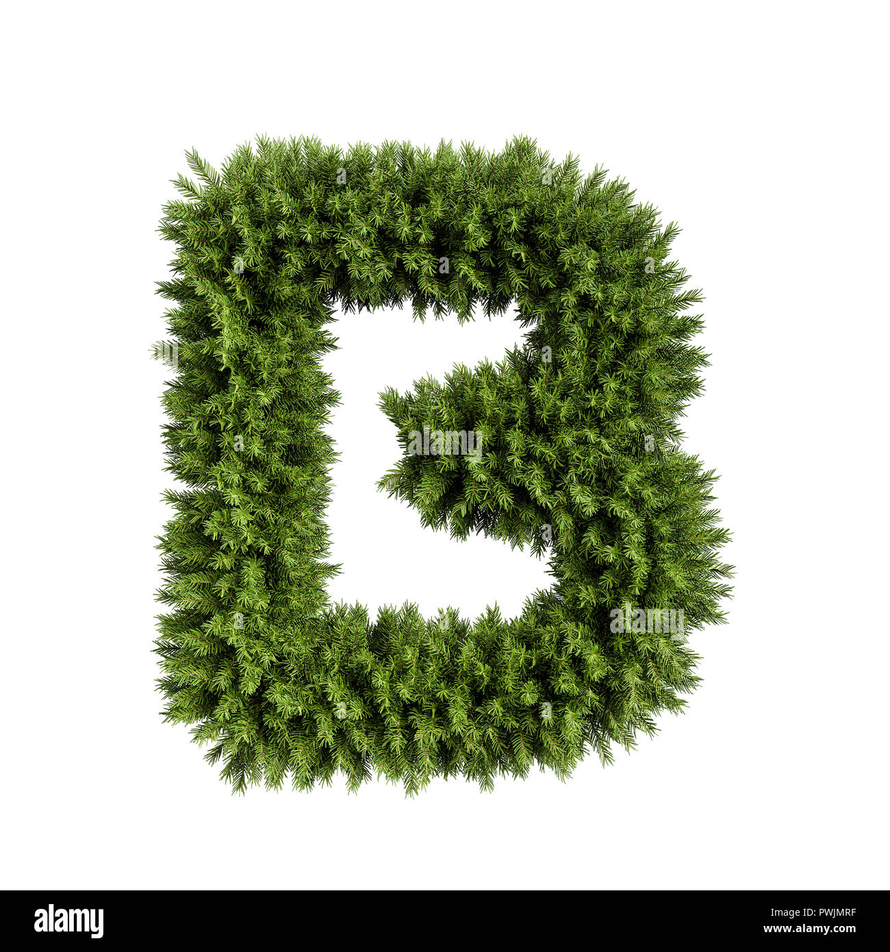 Christmas alphabet ABC character letter B font. Christmas tree branches capital letters decoration type. Highly realistic 3d rendering illustration. T Stock Photo