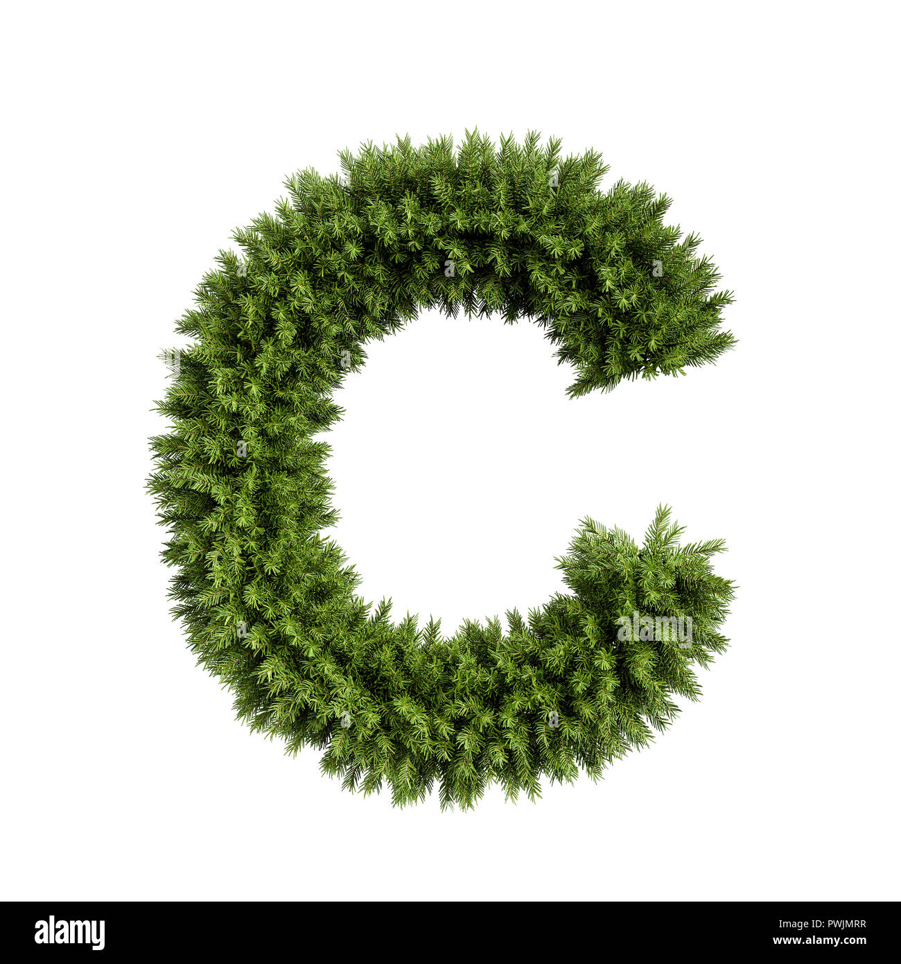 Christmas alphabet ABC character letter C font. Christmas tree branches capital letters decoration type. Highly realistic 3d rendering illustration. T Stock Photo