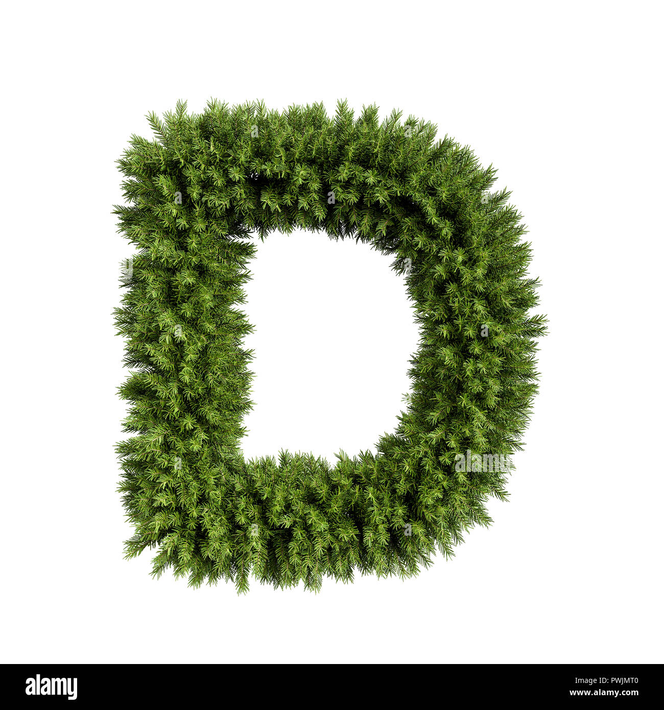 Christmas alphabet ABC character letter D font. Christmas tree branches capital letters decoration type. Highly realistic 3d rendering illustration. T Stock Photo