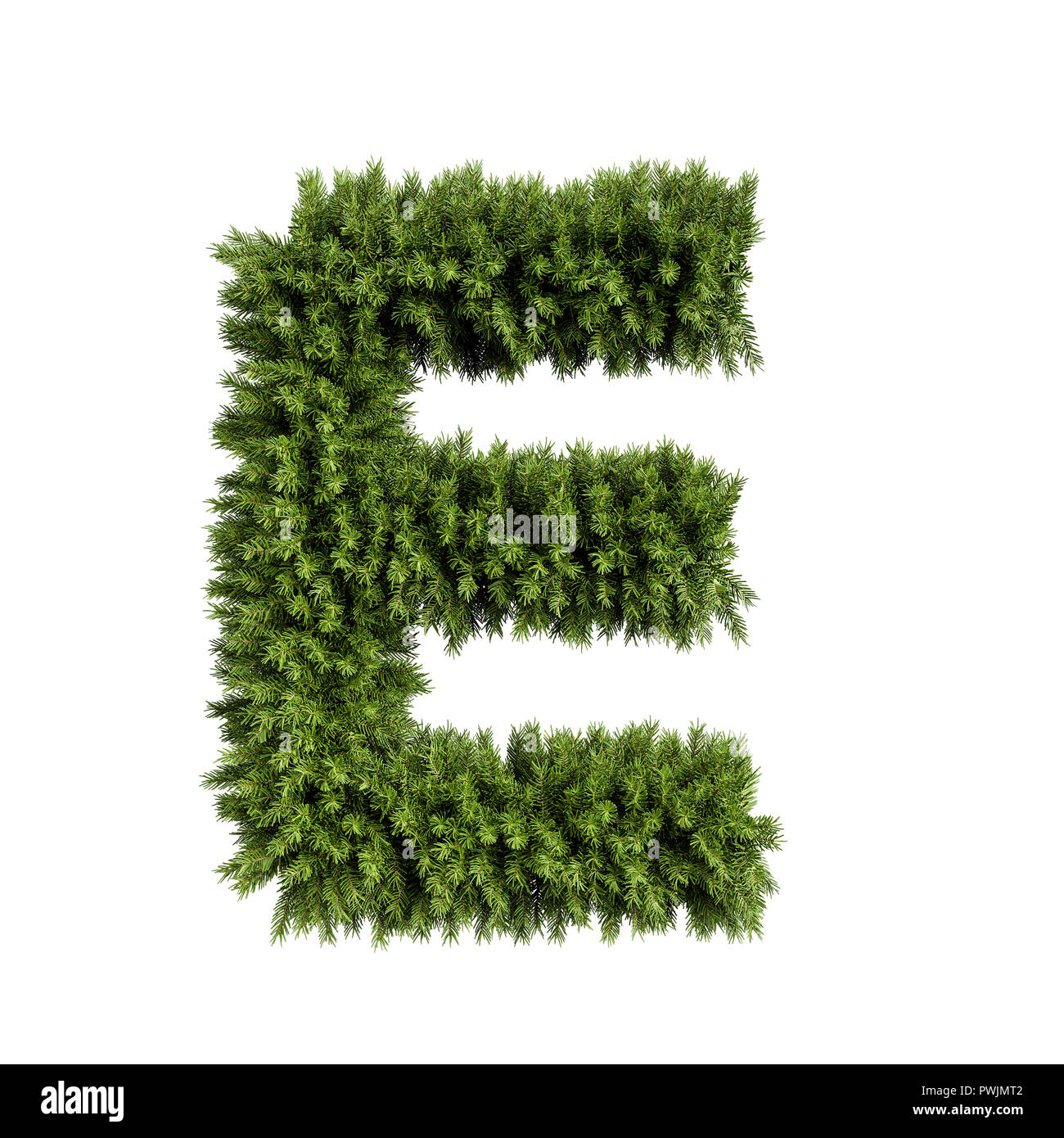 Christmas alphabet ABC character letter E font. Christmas tree branches capital letters decoration type. Highly realistic 3d rendering illustration. T Stock Photo