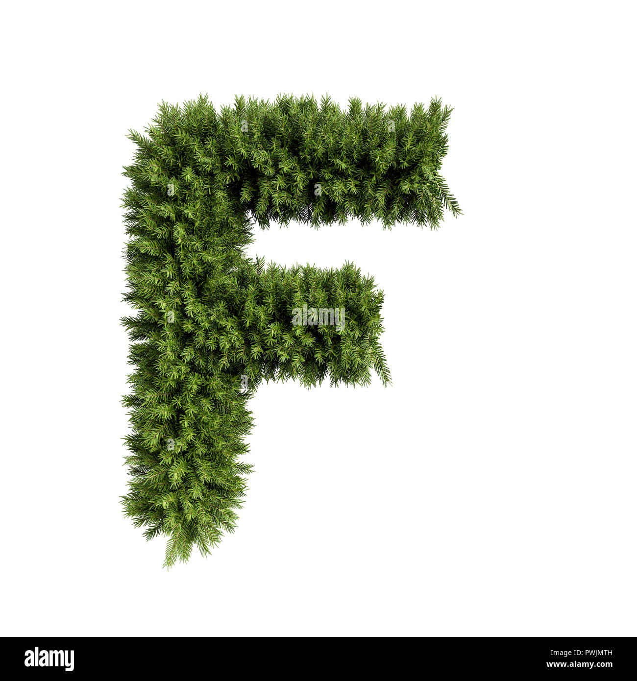 Christmas alphabet ABC character letter F font. Christmas tree branches capital letters decoration type. Highly realistic 3d rendering illustration. T Stock Photo
