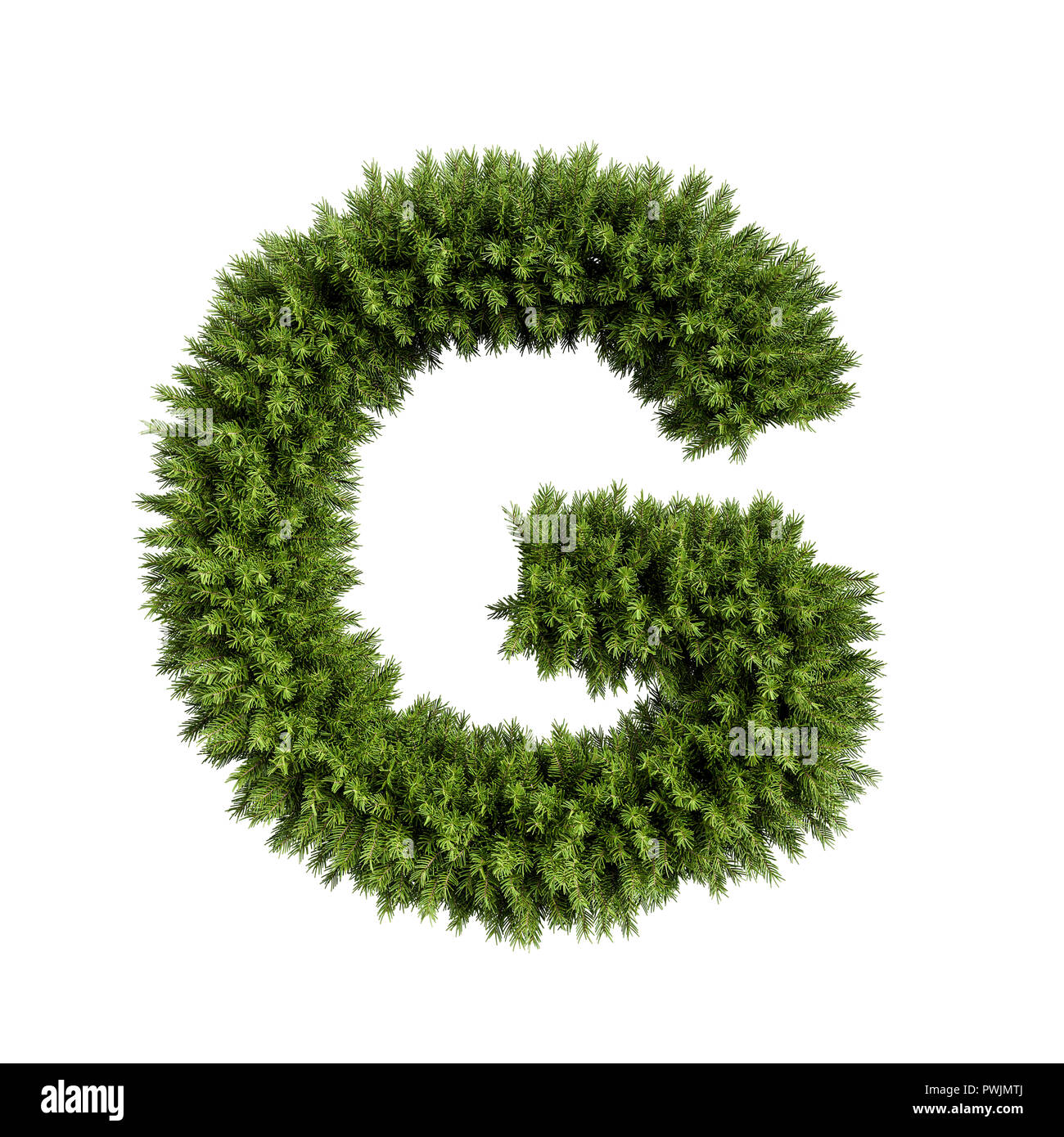 Christmas alphabet ABC character letter G font. Christmas tree branches capital letters decoration type. Highly realistic 3d rendering illustration. T Stock Photo