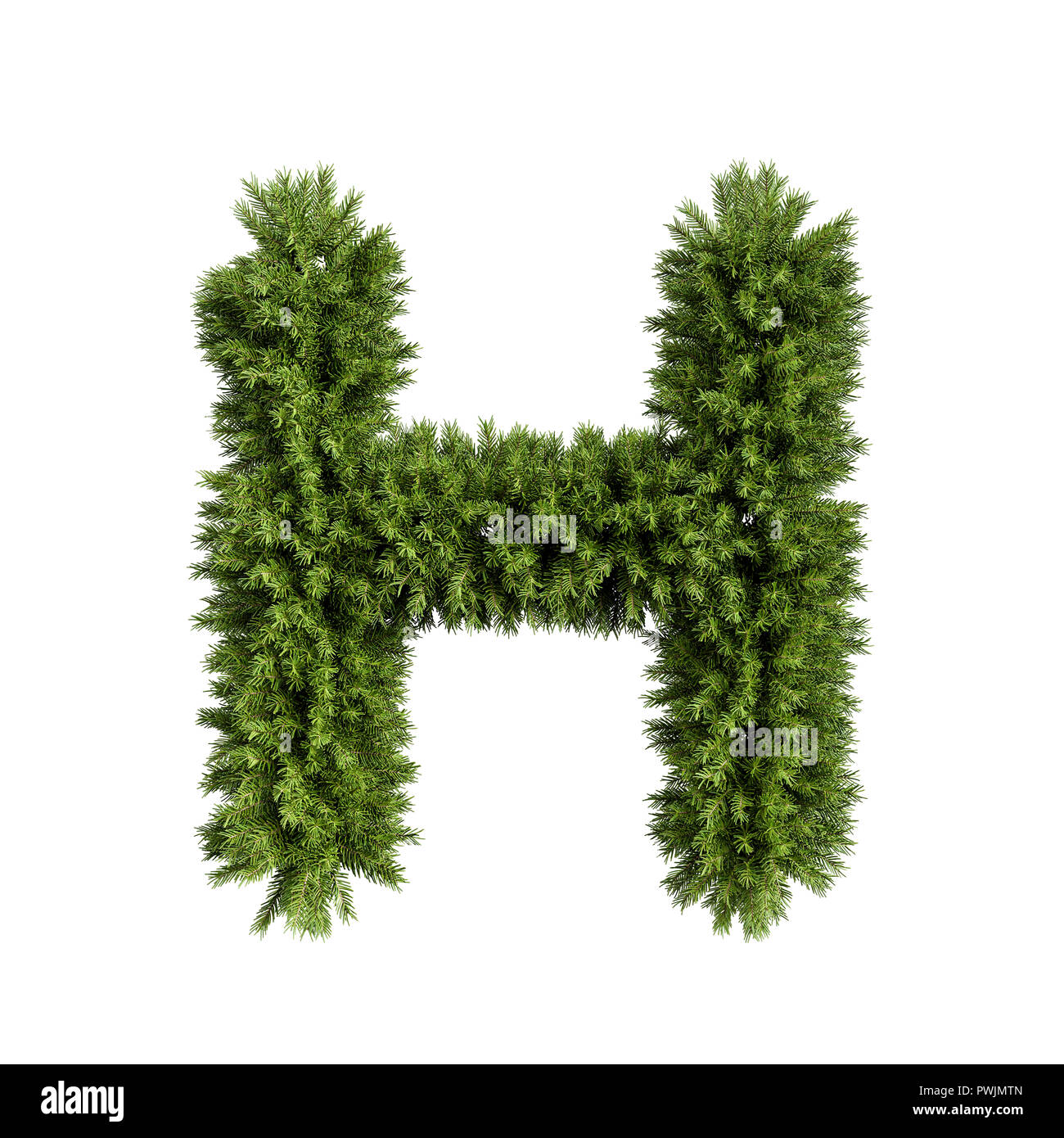 Christmas alphabet ABC character letter H font. Christmas tree branches capital letters decoration type. Highly realistic 3d rendering illustration. T Stock Photo