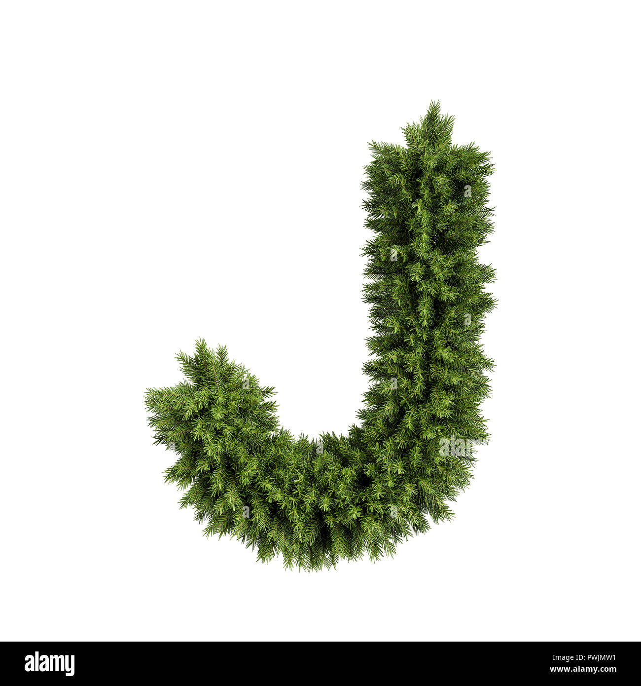 Christmas alphabet ABC character letter J font. Christmas tree branches capital letters decoration type. Highly realistic 3d rendering illustration. T Stock Photo