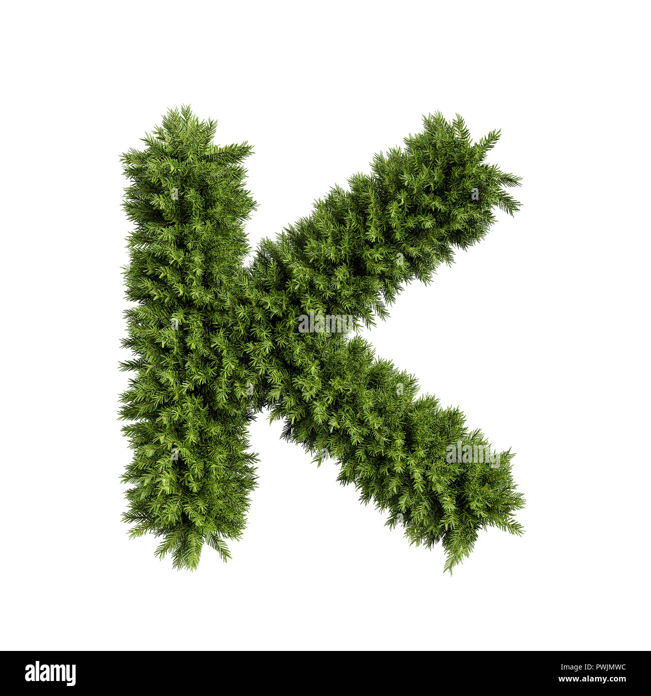 Christmas alphabet ABC character letter K font. Christmas tree branches capital letters decoration type. Highly realistic 3d rendering illustration. T Stock Photo