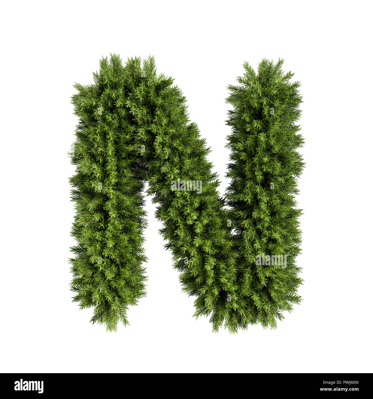 Christmas alphabet ABC character letter N font. Christmas tree branches capital letters decoration type. Highly realistic 3d rendering illustration. T Stock Photo
