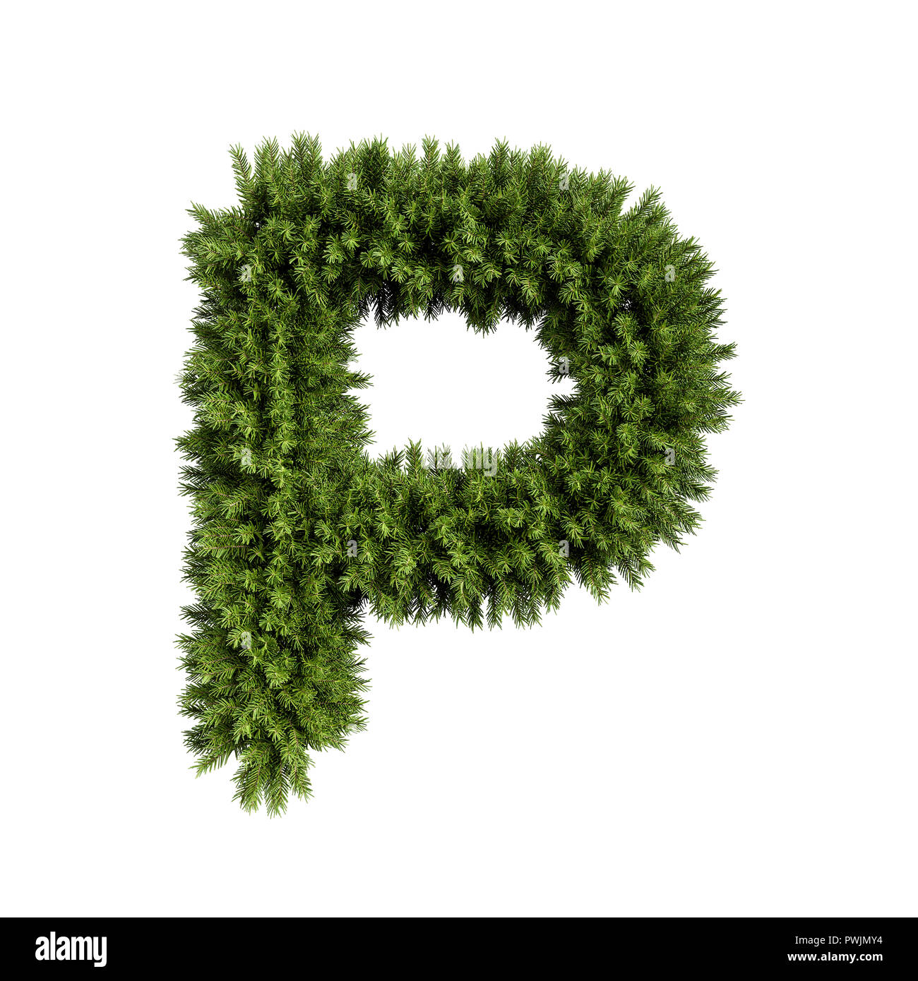 Christmas alphabet ABC character letter P font. Christmas tree branches capital letters decoration type. Highly realistic 3d rendering illustration. T Stock Photo