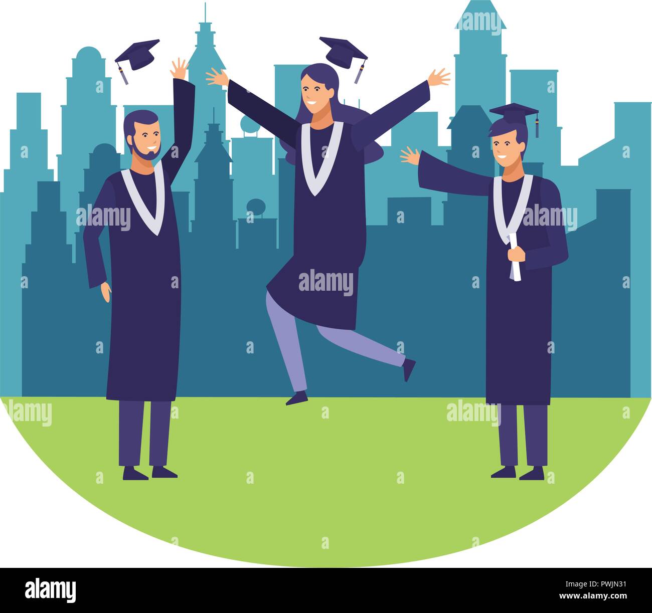 Graduation Students Design Students with gowns on graduation celebration over cityscape background ...